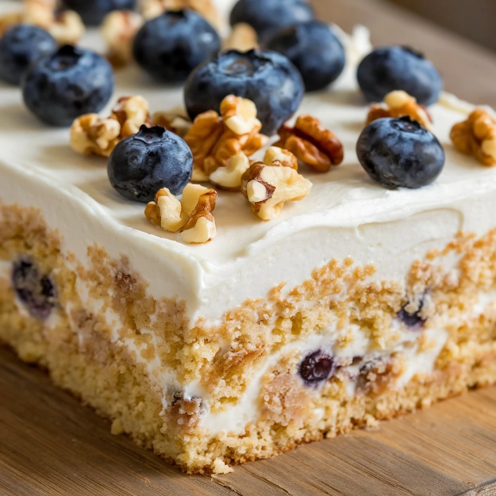 A kefir sheet cake on a wooden board, topped with a drizzle of honey and garnished with edible flowers.