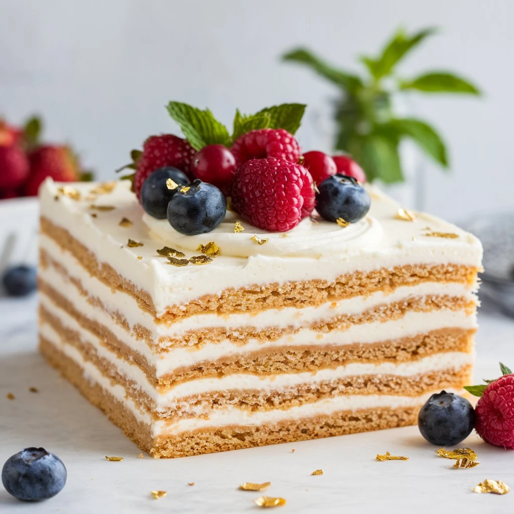 A freshly baked kefir sheet cake with a golden crust, topped with a light yogurt glaze and garnished with fresh berries on a wooden table.