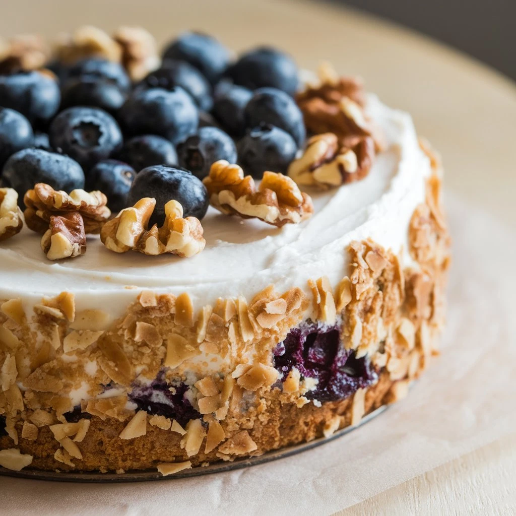 A kefir sheet cake on a wooden board, topped with a drizzle of honey and garnished with edible flowers.