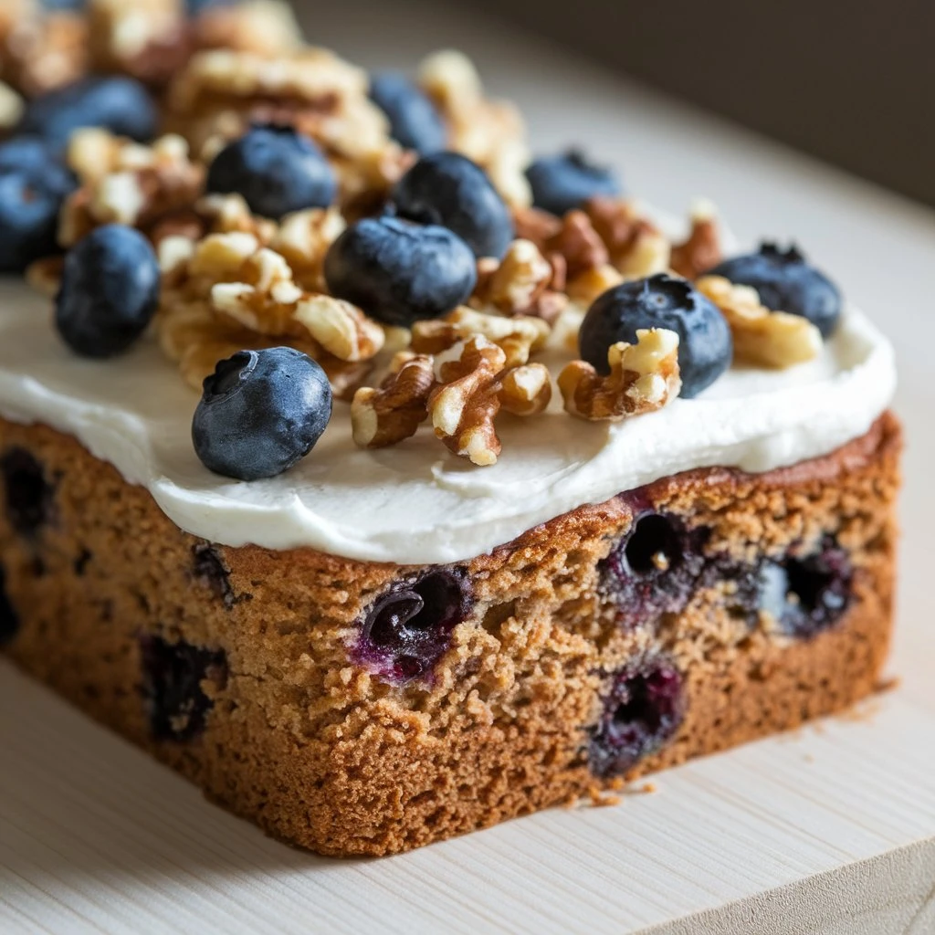 A rustic kefir sheet cake served with a side of whipped cream and fresh blueberries.