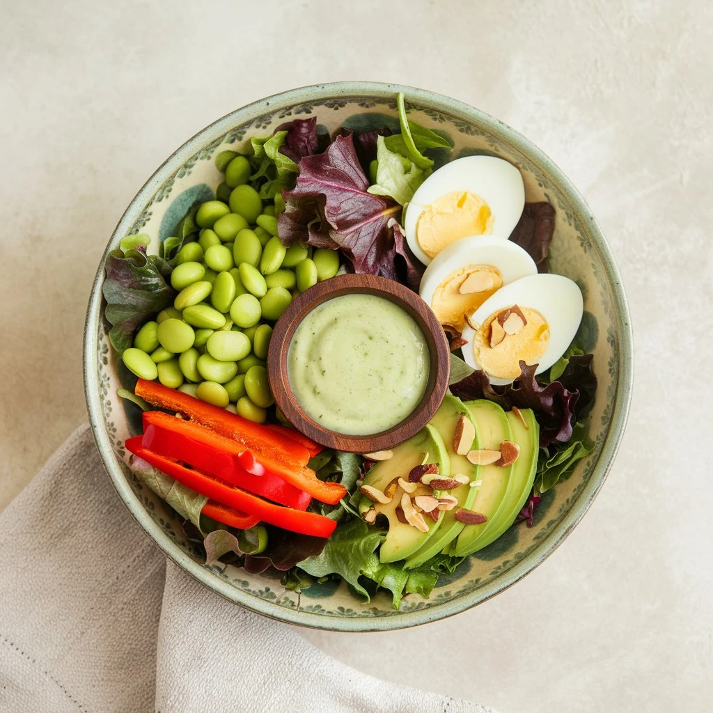 Fresh edamame egg recipes salad with Veggies and Creamy Dressing