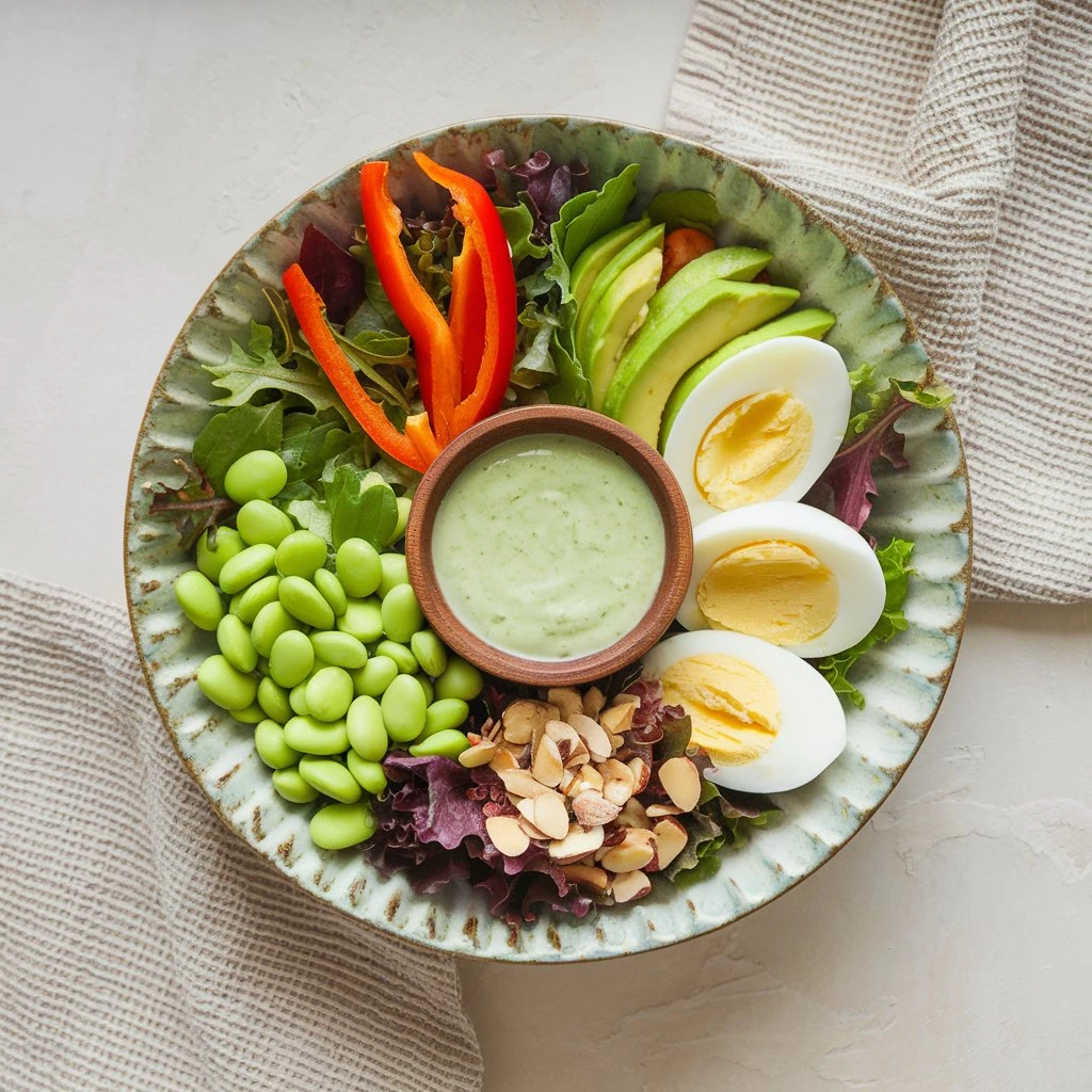 edamame egg recipes salad with Colorful Veggies and Tangy Dressing