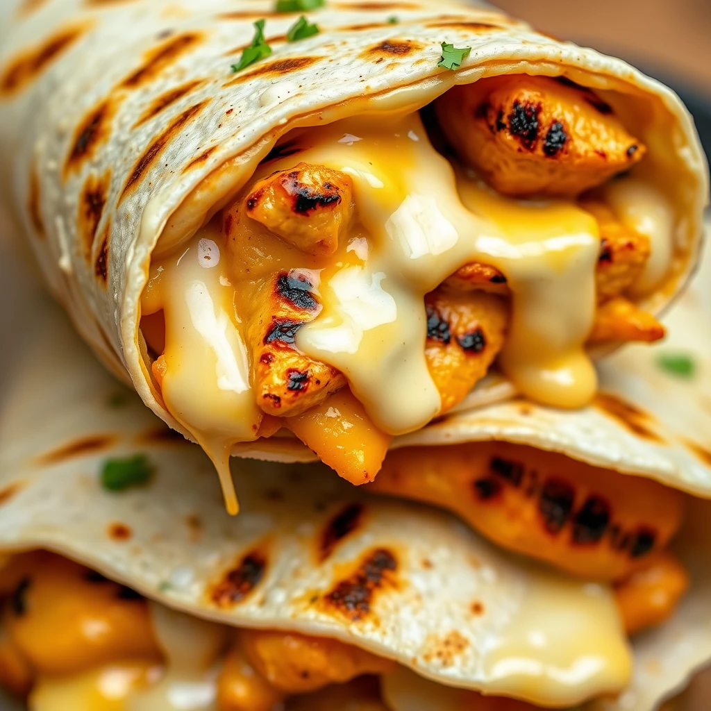 Cheesy garlic chicken wraps with melted cheese and tender chicken inside a soft tortilla