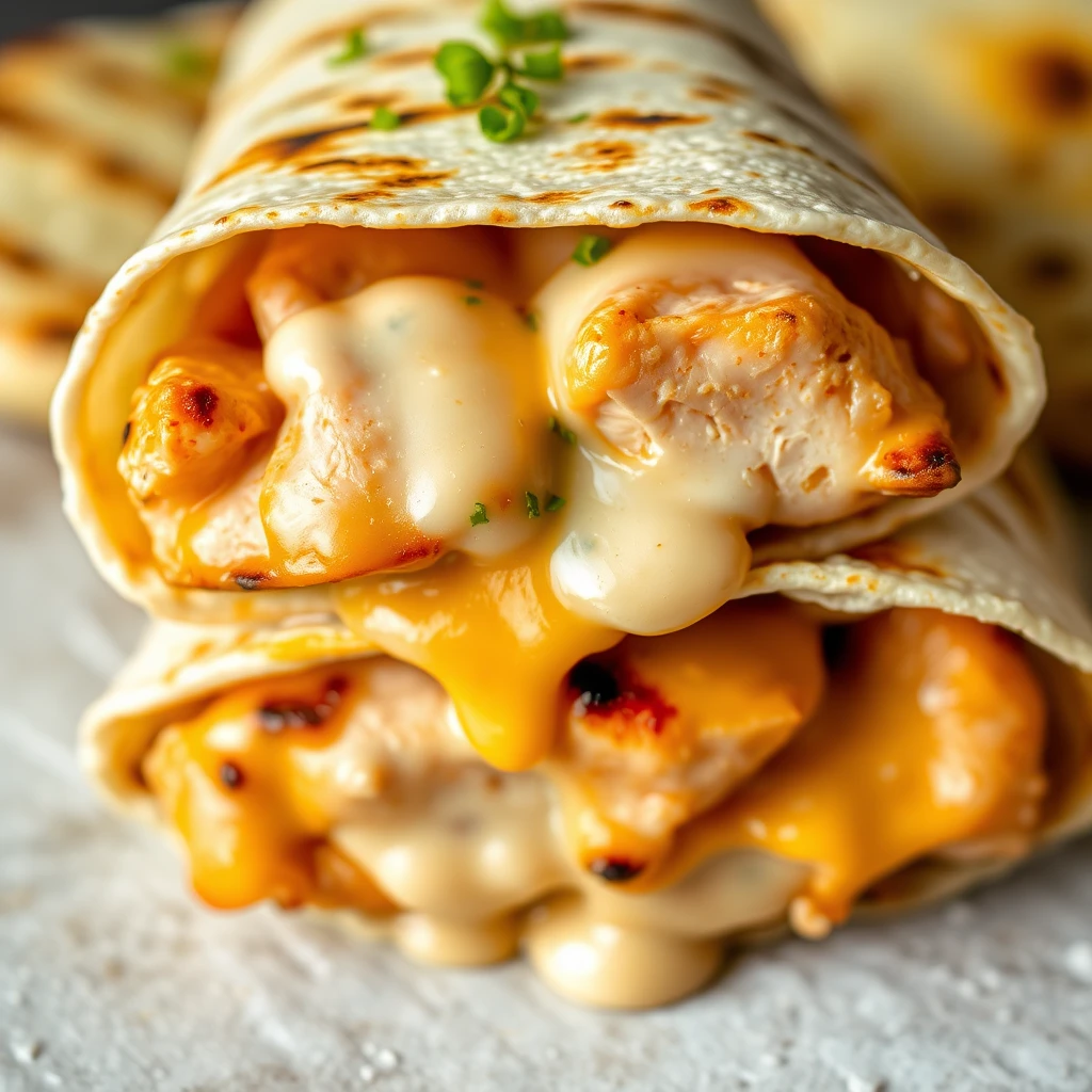 Cheesy garlic chicken wraps with crispy edges and a savory filling of chicken, cheese, and garlic.

