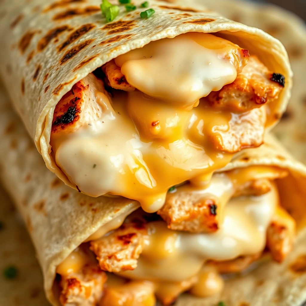 Cheesy garlic chicken wraps with golden brown edges, filled with seasoned chicken and cheese