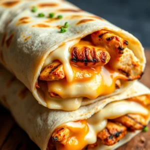 Cheesy garlic chicken wraps filled with tender chicken, melted cheese, and garlic, wrapped in a soft tortilla