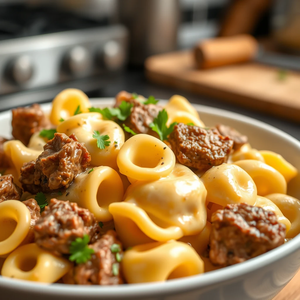 Rich and creamy cheesesteak tortellini in provolone sauce with caramelized vegetables and beef.