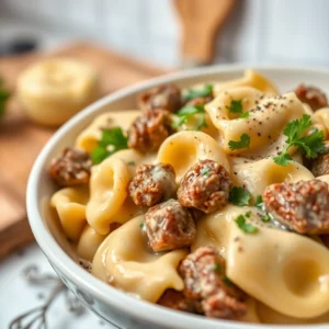 Cheesesteak tortellini in a rich provolone sauce, garnished with fresh herbs and served warm.