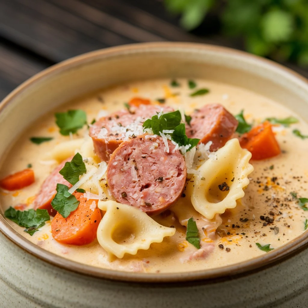 A steaming bowl of creamy Parmesan Italian sausage soup topped with fresh spinach and grated Parmesan cheese, served alongside crusty bread.