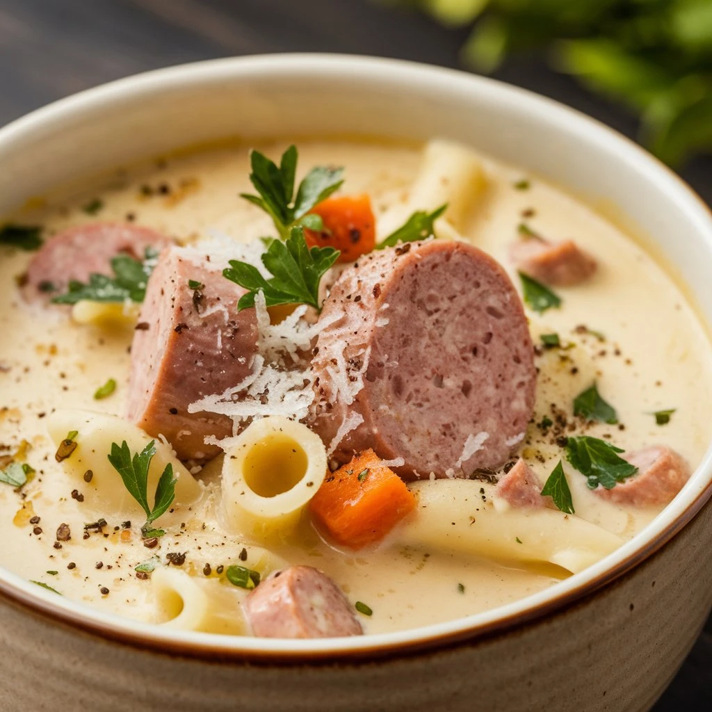 A delicious creamy Parmesan Italian sausage soup with tender spinach and hearty sausage in a rich, golden broth, served in a rustic bowl.