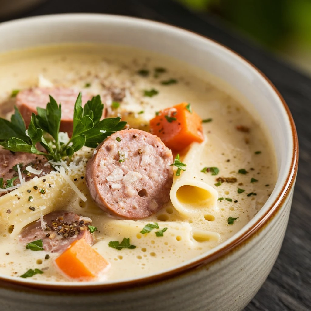 A hearty bowl of creamy Parmesan Italian sausage soup with tender sausage, fresh spinach, and a smooth, cheesy broth.