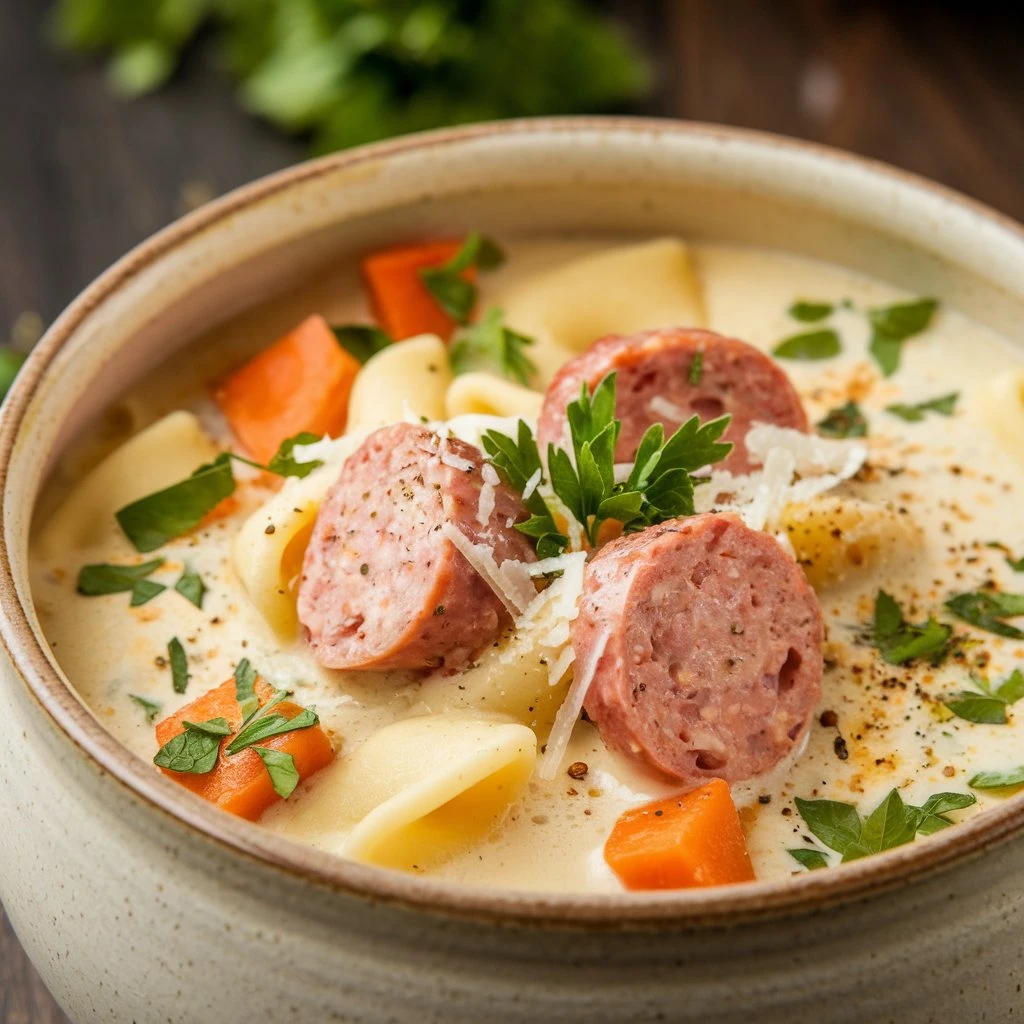 A comforting bowl of creamy Parmesan Italian sausage soup with spinach, sausage, and a rich, cheesy broth, served hot and ready to enjoy.