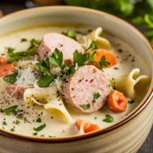 A hearty bowl of creamy Parmesan Italian sausage soup with tender sausage, fresh spinach, and a smooth, cheesy broth.