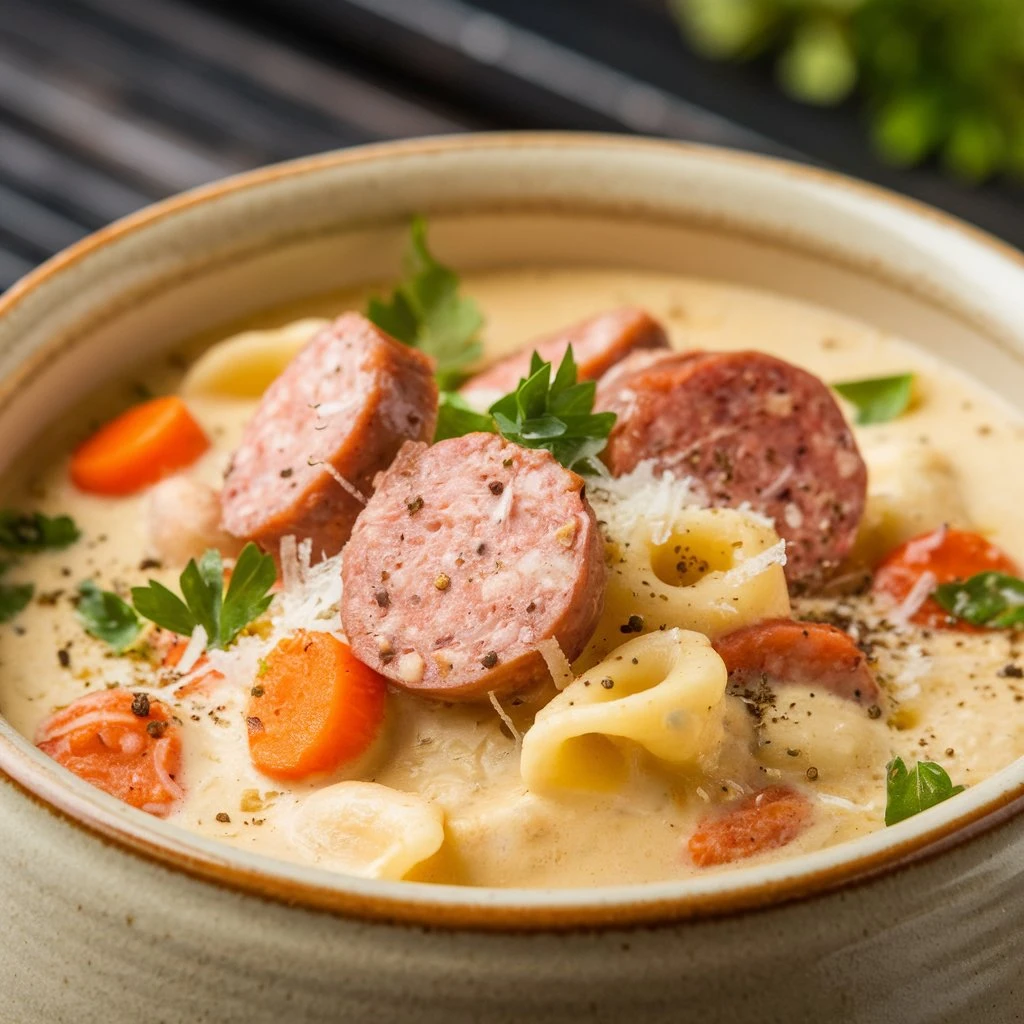 A steaming bowl of creamy Parmesan Italian sausage soup, brimming with sausage, spinach, and a rich, cheesy broth.