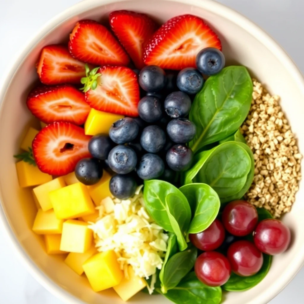 Fruit salad with spinach, croutons, and fresh ingredients