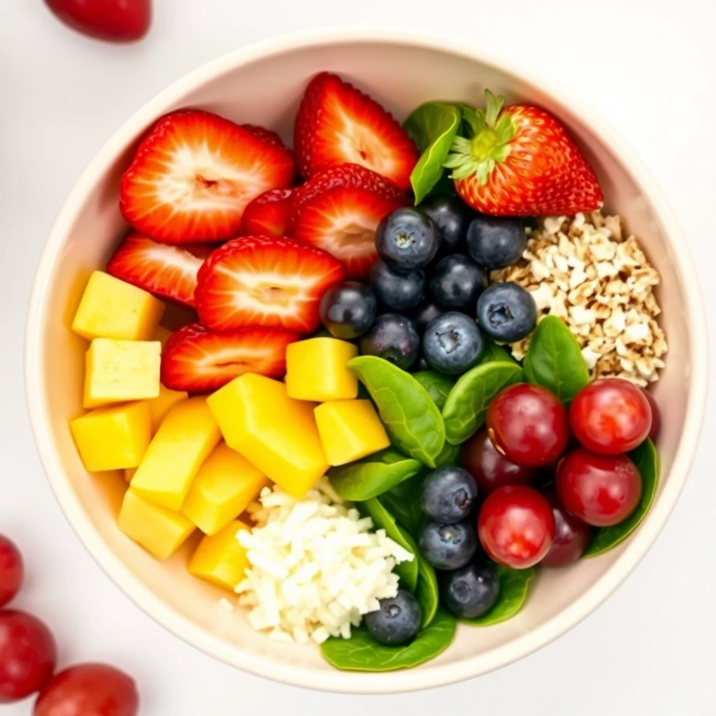 Fresh spinach and fruit salad with croutons