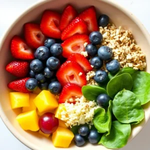 Healthy fruit salad with spinach, fruits, and croutons