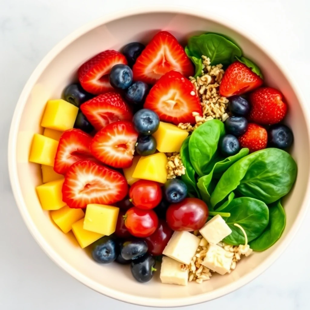 Healthy fruit salad with spinach and croutons