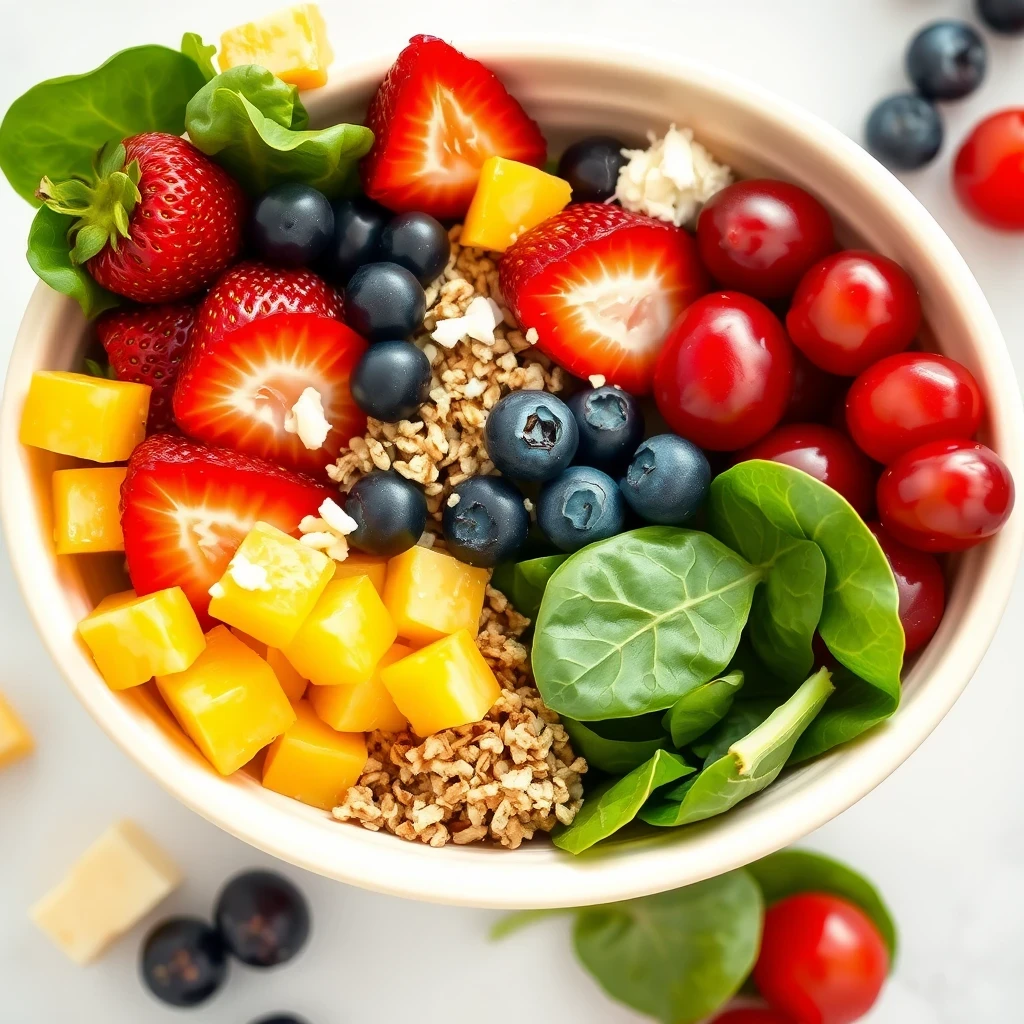 Spinach and fruit salad with crunchy croutons