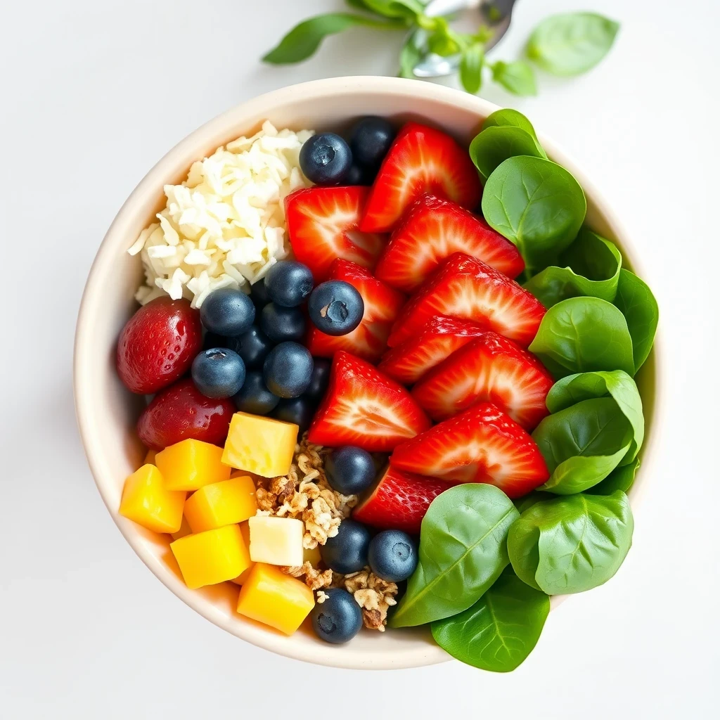 Vibrant fruit salad with spinach and croutons