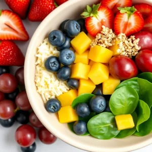 Fresh Fruit Salad with Spinach and Croutons