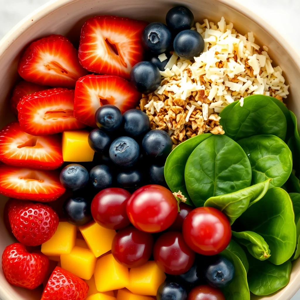 Spinach and fruit salad with croutons, a healthy dish