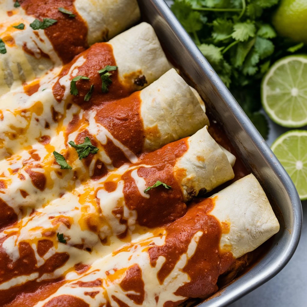 Delicious Boulders Enchilada recipe with layers of chicken, cheese, and red sauce