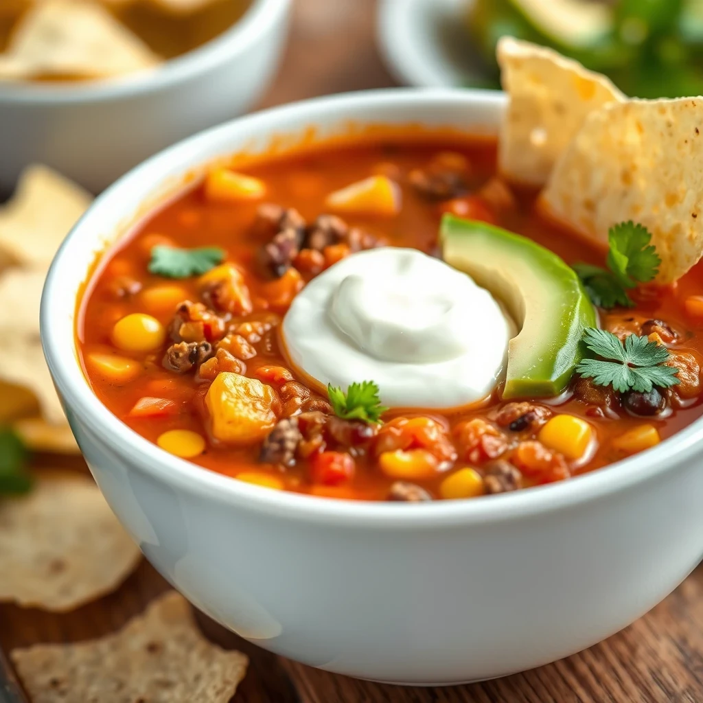 Chilled Taco Soup Frios with Toppings and Fresh Ingredients

