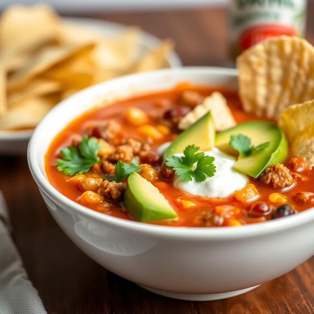 Chilled Taco Soup Frios with Fresh Toppings and Vegetables

