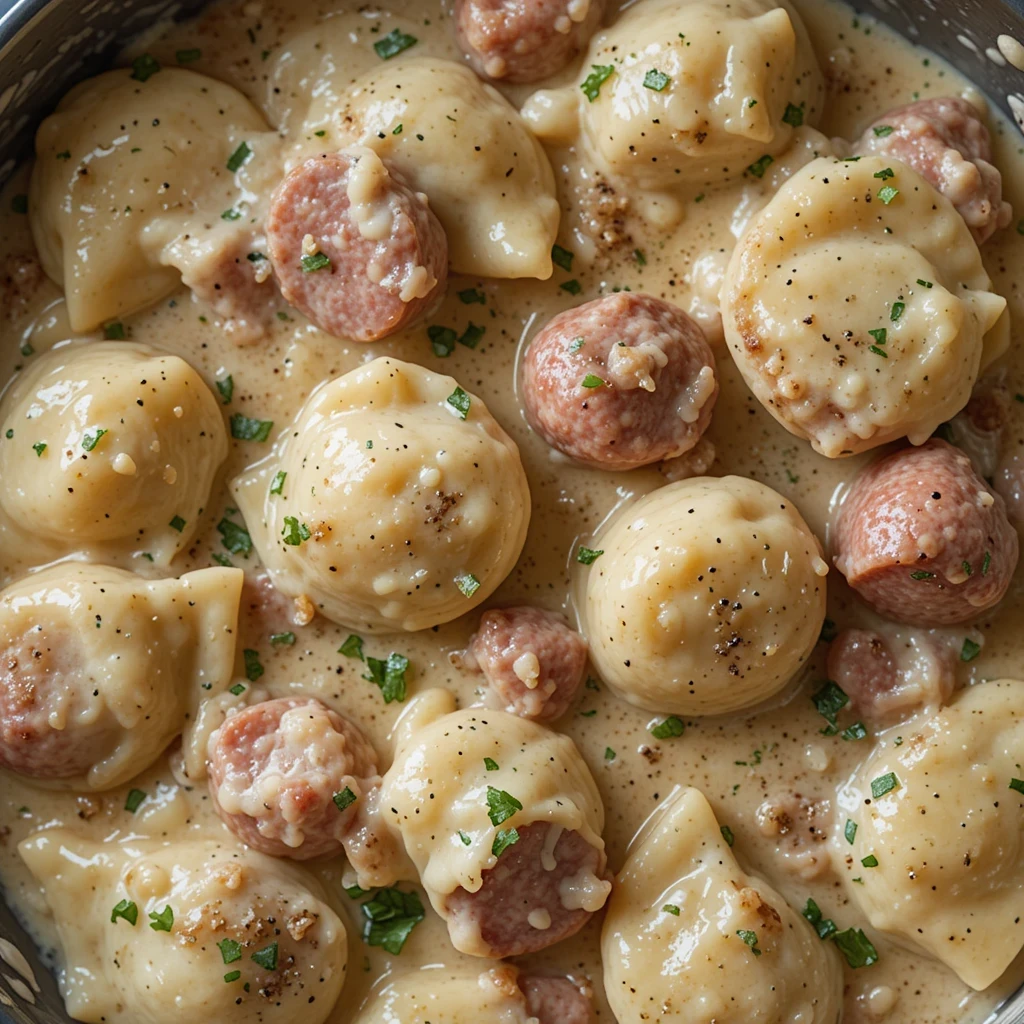 Crockpot Pierogi Casserole with Kielbasa in a slow cooker

