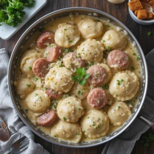 Crockpot Pierogi Casserole with Kielbasa served in a bowl