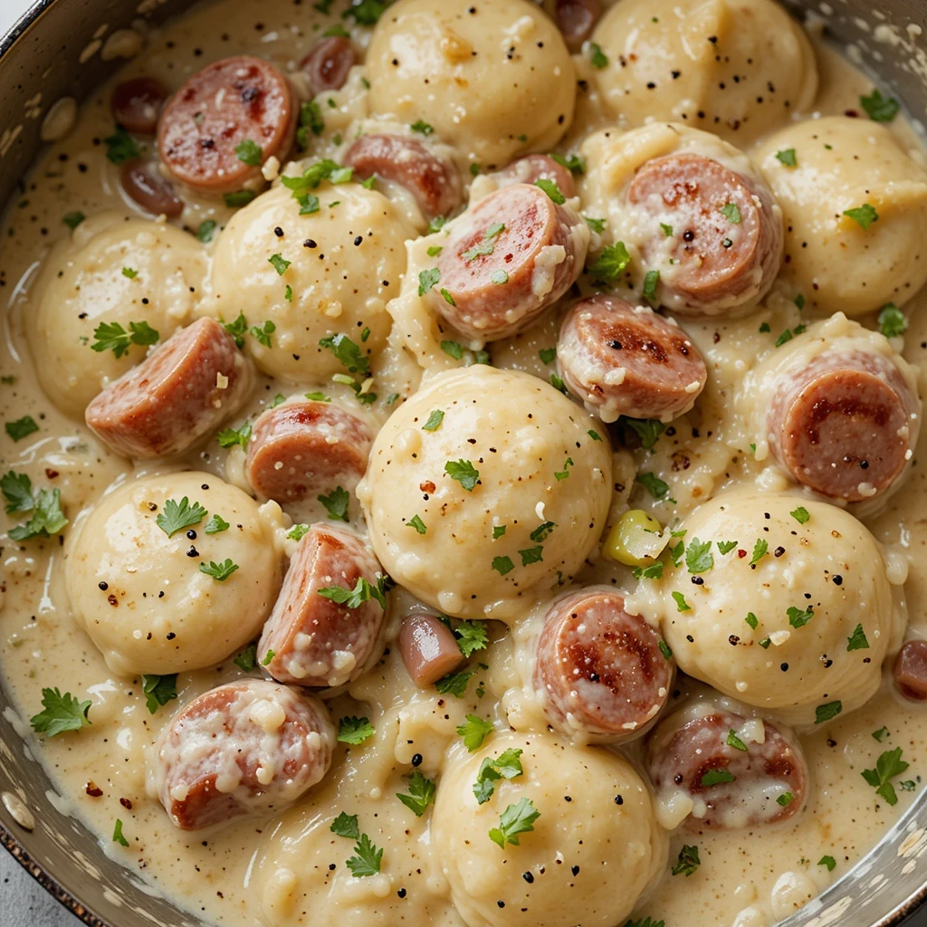 Crockpot Pierogi Casserole with Kielbasa served in a rustic dish

