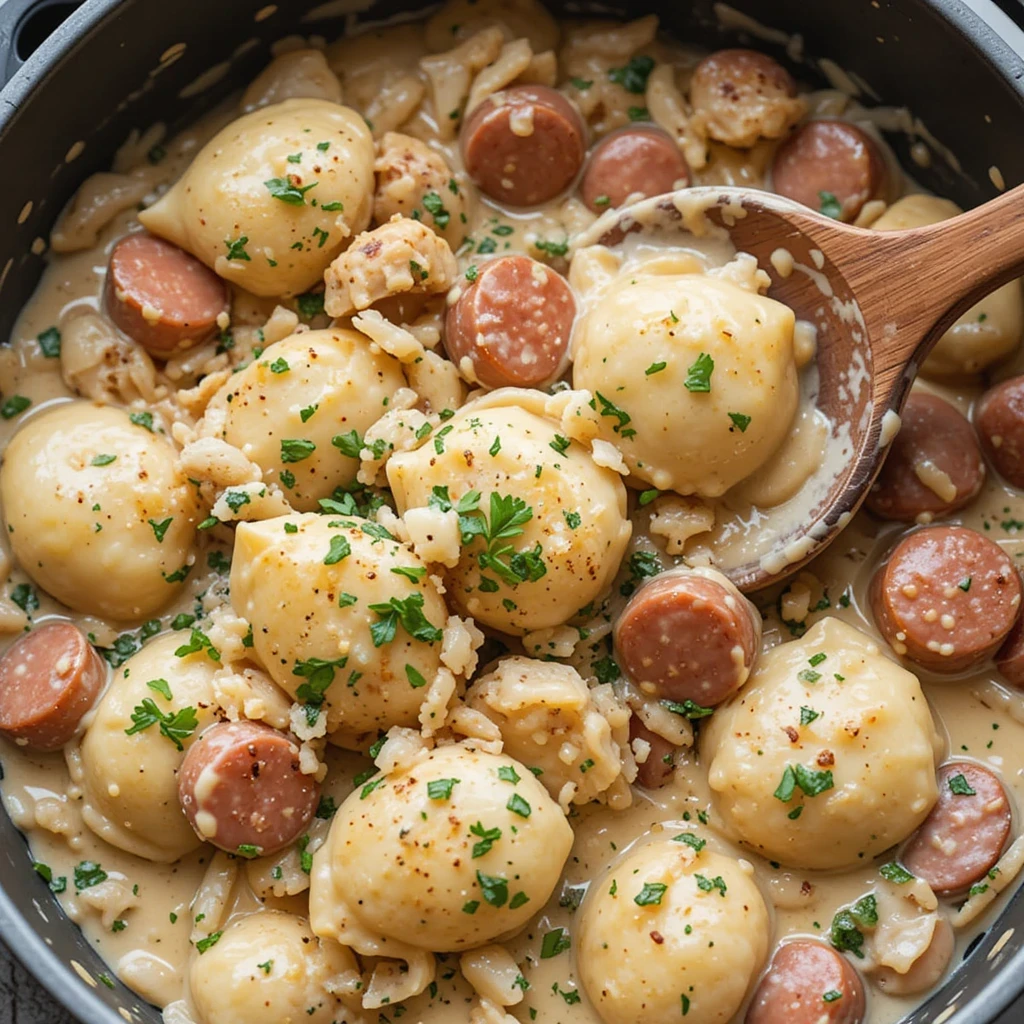 Crockpot Pierogi Casserole with Kielbasa