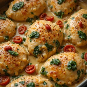 Delicious Baked Tuscan Chicken Casserole with a Creamy, Cheesy Topping