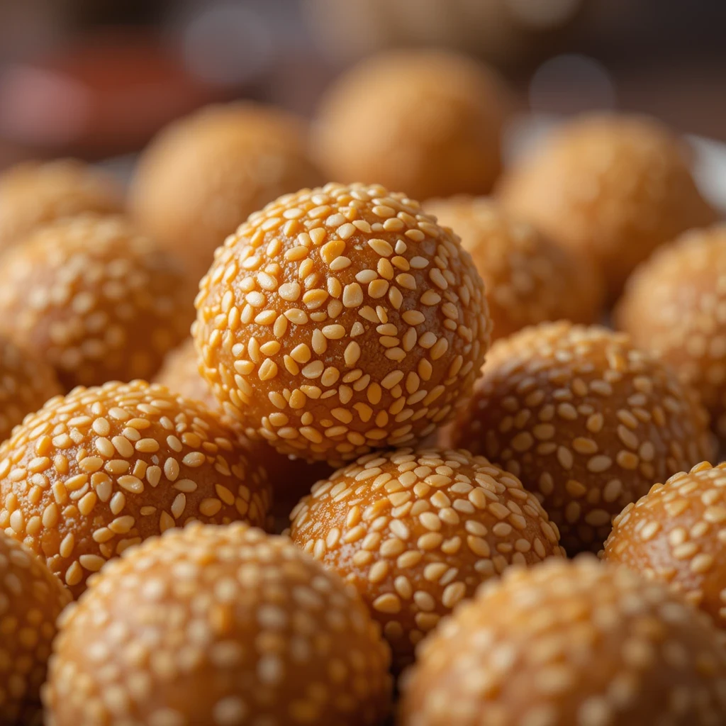 Red bean rice balls in a bowl of warm syrup, highlighting their soft texture and sweet filling.