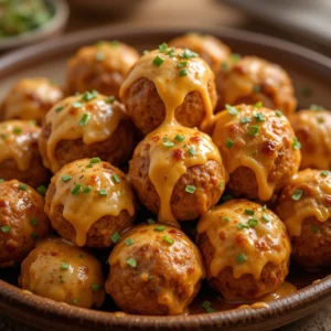 Close-up of delicious Rotel sausage balls with cream cheese on a platter