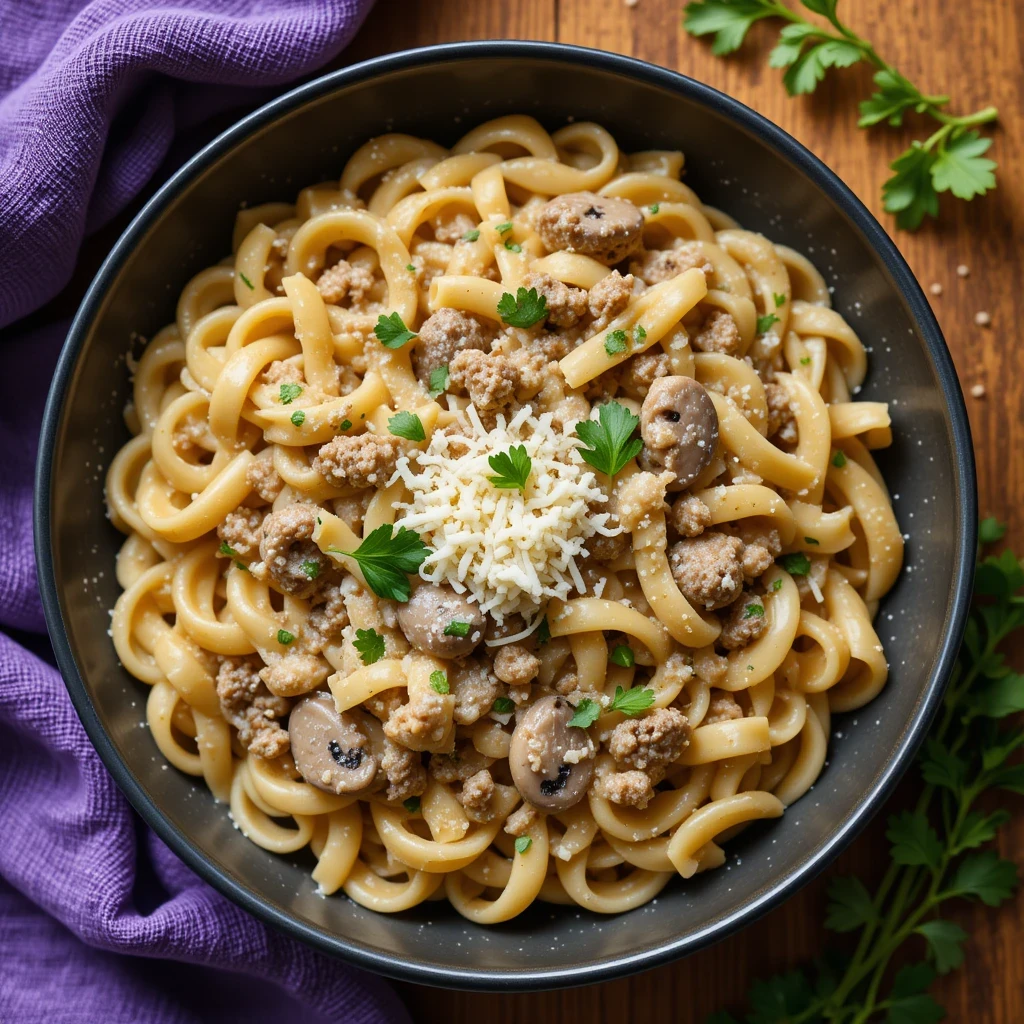 A bowl of creamy ground beef Alfredo pasta, topped with fresh parsley and grated Parmesan, served on a rustic wooden table.