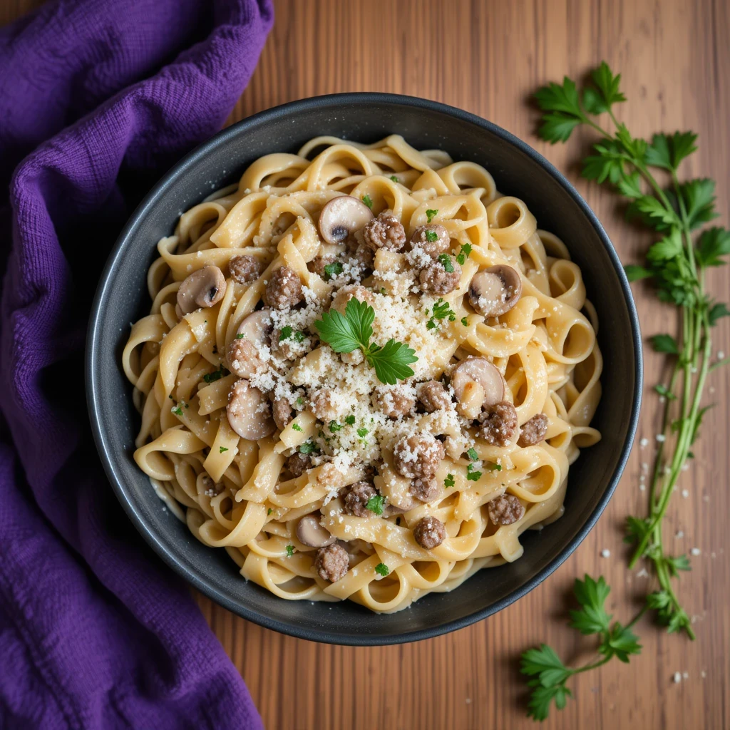 A steaming plate of ground beef Alfredo pasta, coated in a creamy Parmesan sauce and topped with fresh herbs.