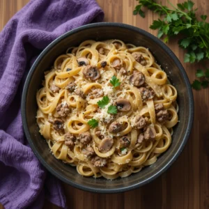 A plate of creamy ground beef Alfredo pasta, garnished with fresh parsley and Parmesan, served with a side of garlic bread.