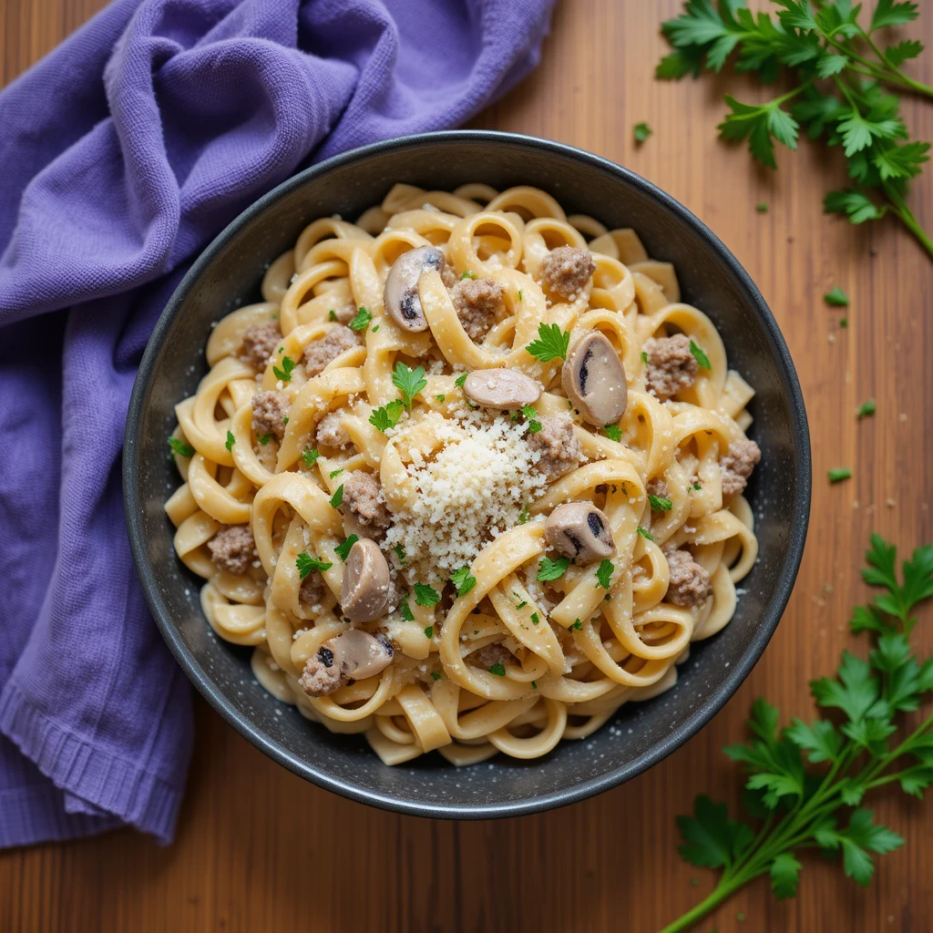 A delicious plate of ground beef Alfredo pasta, garnished with parsley and Parmesan, served alongside a fresh salad.