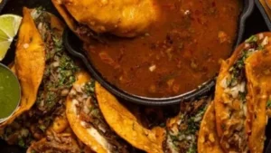 Authentic Birria Tacos served with broth for dipping