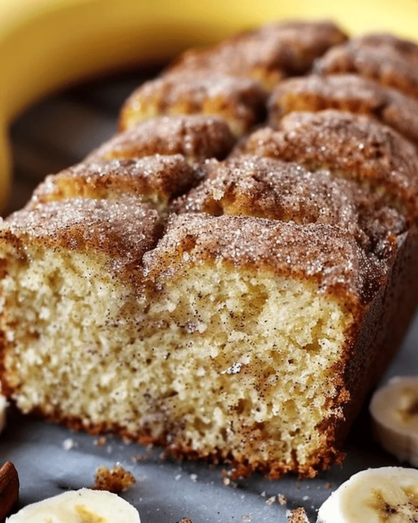 Delicious freshly baked snickerdoodle banana bread with cinnamon sugar topping