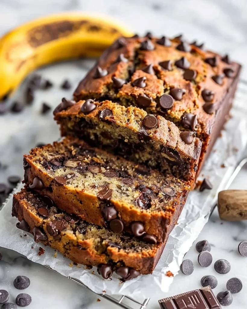 Delicious super moist chocolate chip banana bread with chocolate chunks
