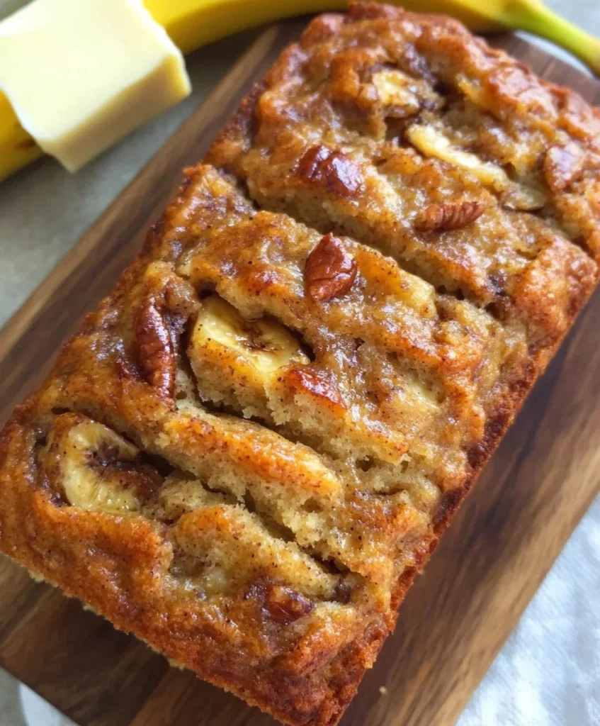 Loaf of ultimate banana bread with sliced bananas on top