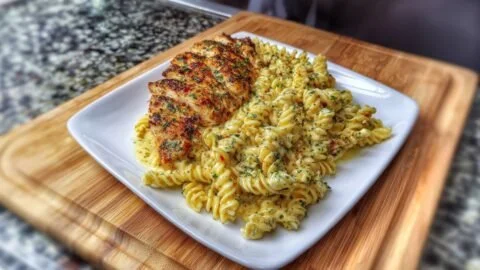 Delicious creamy garlic parmesan chicken pasta served in a bowl